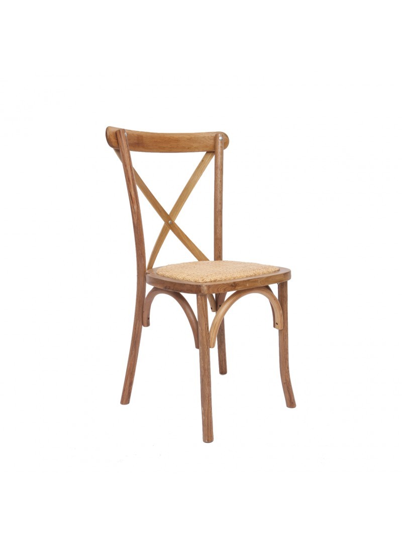 Chaise dos croisé bois et assise rotin