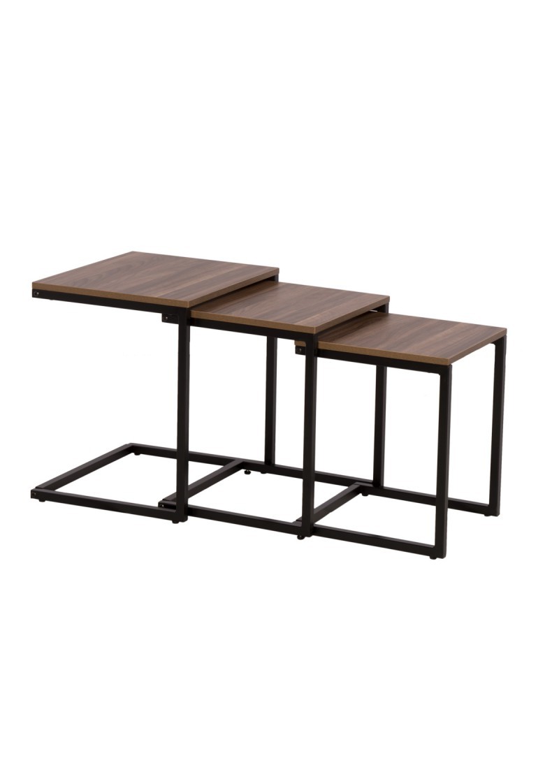 3 tables basses structure acier noir plateau bois (45x40x50)(40x37x47)(36x35x43)